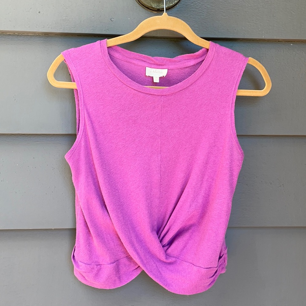 Bright pink S-M linen-blend Deletta crop twist-front tank